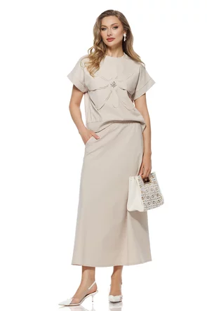 Compleu dama din bumbac premium bej fusta si bluza