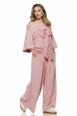 Compleu dama din bumbac premium roz pantalon si bluza cu funda