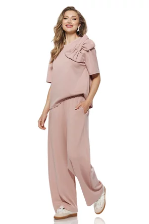 Compleu dama din bumbac premium roz pantalon si tricou cu funda