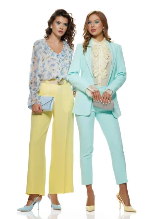 Compleu dama elegant aqua sacou cu revere si cordon pantalon conic