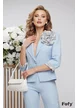 Compleu dama elegant baby blue sacou cu floare si mansete alb negru pantalon evazat