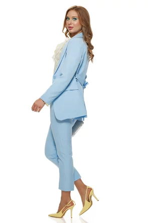 Compleu dama elegant baby blue sacou cu revere si cordon pantalon conic