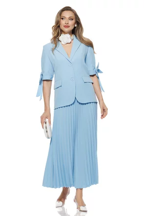 Compleu dama elegant bleu cu fusta plisata si sacou lejer cu fundite