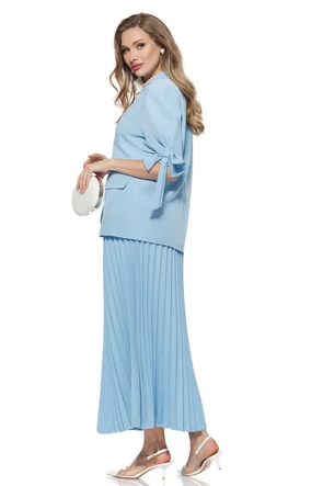 Compleu dama elegant bleu cu fusta plisata si sacou lejer cu fundite