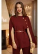 Compleu dama elegant burgundy din tricot premium jacheta tip capa  nasturi aurii curea si pantaloni