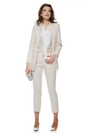 Compleu dama elegant cloud dancer sacou cu revere si cordon pantalon conic