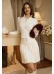 Compleu dama elegant din tricot crem premium fusta mini plisata si jacheta cu fermoar talie si mansete late