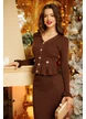 Compleu dama elegant din tricot maro premium fusta cu jacheta cu peplum si capse aurii spectaculoase