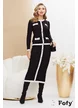 Compleu dama elegant din tricot negru premium fusta cu jacheta cu contururi albe si nastruri metalici