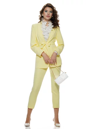 Compleu dama elegant galben sacou cu revere si cordon pantalon conic