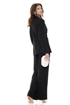 Compleu dama elegant negru cu fronseuri in talie accesoriu auriu pantalon wide cu pense