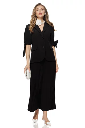 Compleu dama elegant negru cu fusta plisata si sacou lejer cu fundite
