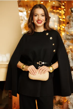 Compleu dama elegant negru din tricot premium jacheta tip capa cu capse nasturi aurii curea si pantaloni