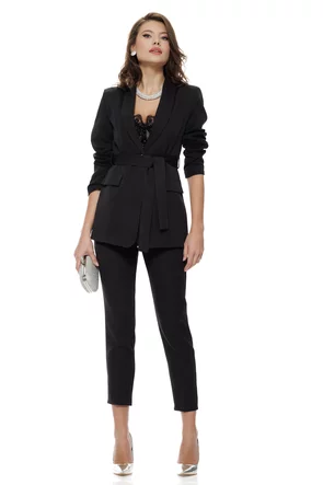 Compleu dama elegant negru sacou cu revere si cordon pantalon conic