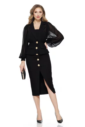 Compleu dama elegant rochie neagra sacou cu maneci de voal peplum si nasuri aurii