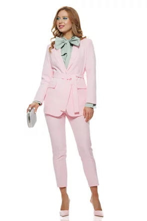 Compleu dama elegant roz sacou cu revere si cordon pantalon conic