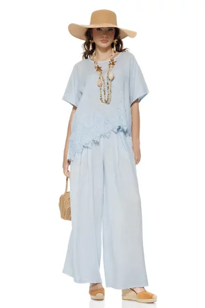Compleu dama premium baby blue din in 100% supersoft bluza cu insertie de dantela