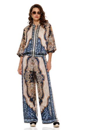 Compleu dama premium bleumarin din matase naturala si vascoza satinata imprimeu luxury paisley