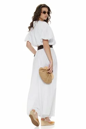 Compleu dama premium din bumbac alb supersoft bluza cu colier si pantalon larg cu centura