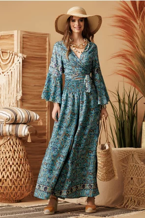 Compleu dama premium din matase naturala imprimeu bohemian paisley