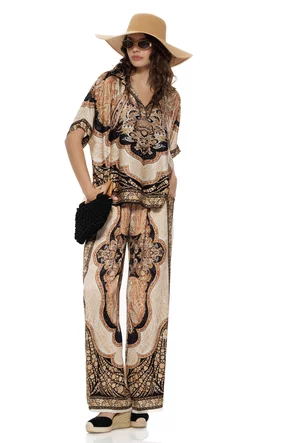 Compleu dama premium din matase naturala si vascoza satinata imprimeu luxury boho-paisley