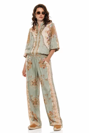 Compleu dama premium din matase naturala si vascoza satinata imprimeu luxury vernil floral
