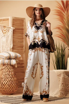 Compleu dama premium din matase naturala si vascoza satinata pantalon cu camasa imprimeu floral negru