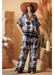Compleu dama premium din matase naturala si vascoza satinata pantalon cu camasa imprimeu tropical bleumarin