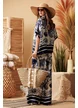 Compleu dama premium din matase naturala si vascoza satinata pantalon cu camasa imprimeu tropical bleumarin