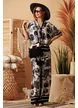 Compleu dama premium din matase naturala si vascoza satinata pantalon cu camasa imprimeu tropical negru