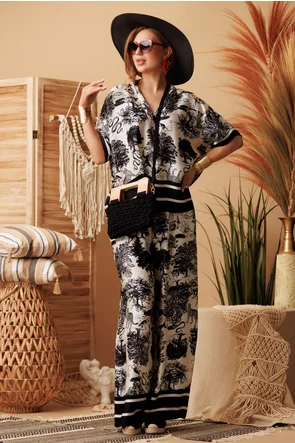 Compleu dama premium din matase naturala si vascoza satinata pantalon cu camasa imprimeu tropical negru
