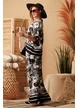 Compleu dama premium din matase naturala si vascoza satinata pantalon cu camasa imprimeu tropical negru