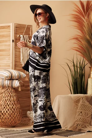 Compleu dama premium din matase naturala si vascoza satinata pantalon cu camasa imprimeu tropical negru