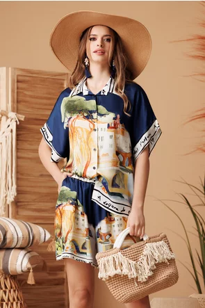 Compleu dama premium din matase naturala si vascoza satinata pantalon scurt si bluza imprimeu Portofino