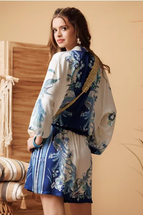 Compleu dama premium din matase naturala si vascoza satinata pantalon scurt si jacheta imprimeu boho albastru