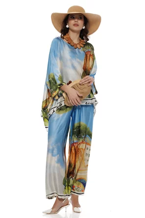 Compleu dama premium din matase naturala si vascoza satinata pantalon si bluza imprimeu bleu