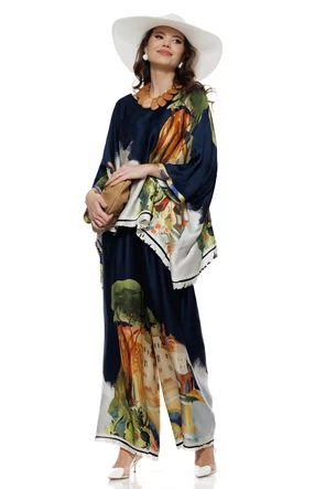 Compleu dama premium din matase naturala si vascoza satinata pantalon si bluza imprimeu bleumarin