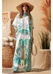 Compleu dama premium din matase naturala si vascoza satinata pantalon si bluza imprimeu exotic verde