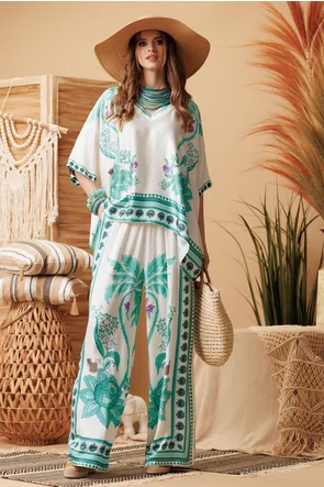 Compleu dama premium din matase naturala si vascoza satinata pantalon si bluza imprimeu exotic verde