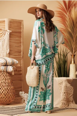 Compleu dama premium din matase naturala si vascoza satinata pantalon si bluza imprimeu exotic verde