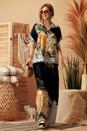 Compleu dama premium din matase naturala si vascoza satinata pantalon si bluza imprimeu Portofino