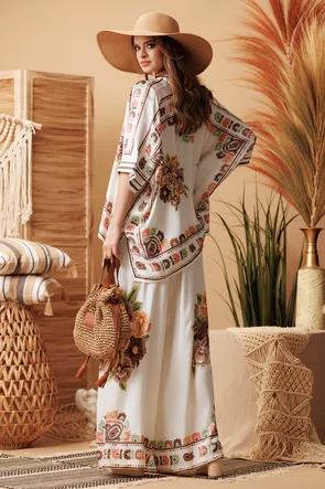 Compleu dama premium din matase naturala si vascoza satinata pantalon si camasa imprimeu floral crem mocca mouse