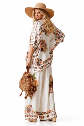 Compleu dama premium din matase naturala si vascoza satinata pantalon si camasa imprimeu floral crem mocca mouse