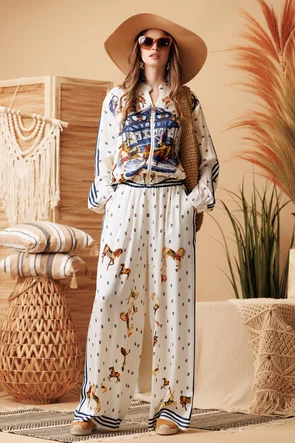 Compleu dama premium din matase naturala si vascoza satinata pantalon si jacheta imprimeu navy