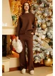 Compleu dama premium gros maro cu pantalon cu buzunare si pulover cu nasturi aurii