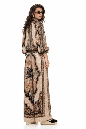Compleu dama premium negru din matase naturala si vascoza satinata imprimeu luxury paisley