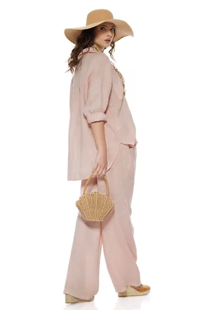 Compleu dama premium roz din in 100% camasa si pantalon