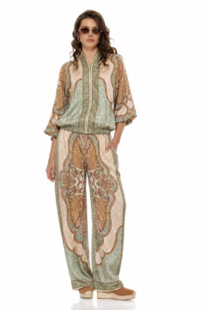 Compleu dama premium vernil pudrat din matase naturala si vascoza satinata imprimeu luxury paisley
