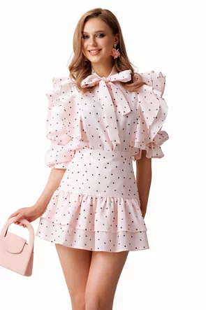 Compleu dama spectaculos roz cu inimioare fusta cu volane si bluza cu funda