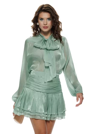 Compleu dama spectaculos verde menta din organza cu stralucire fina